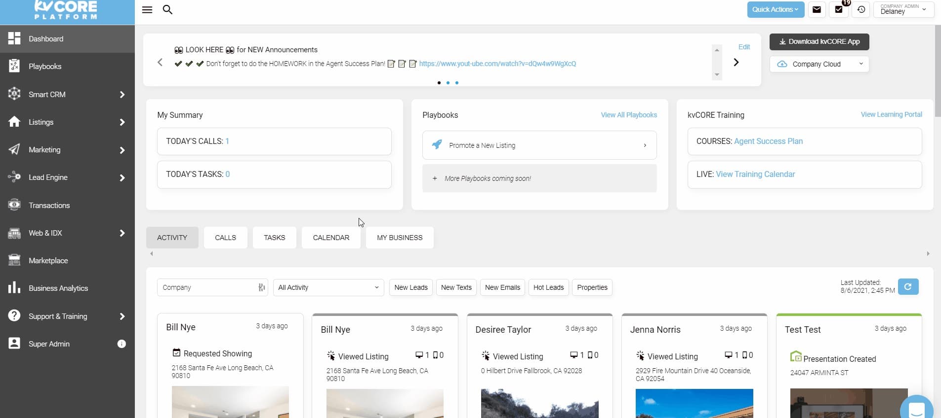 kvCORE CRM dashboard showing lead pipeline and follow-up tracking for real estate
