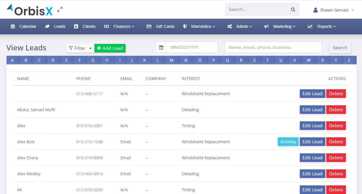 OrbisX dashboard showing booking management and customer communication for auto detailing