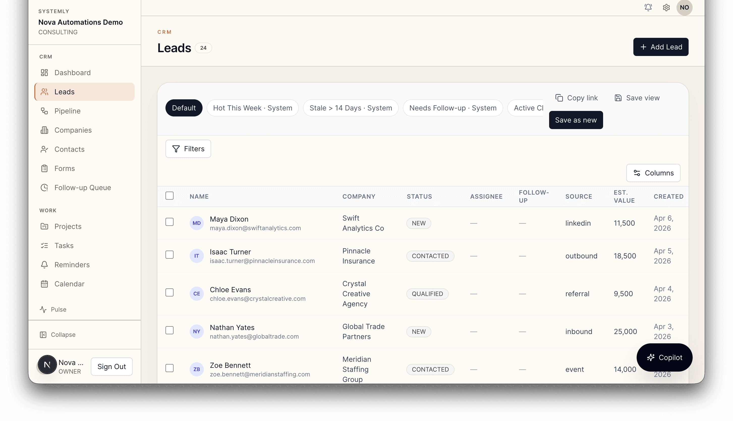 Systemly leads and pipeline view