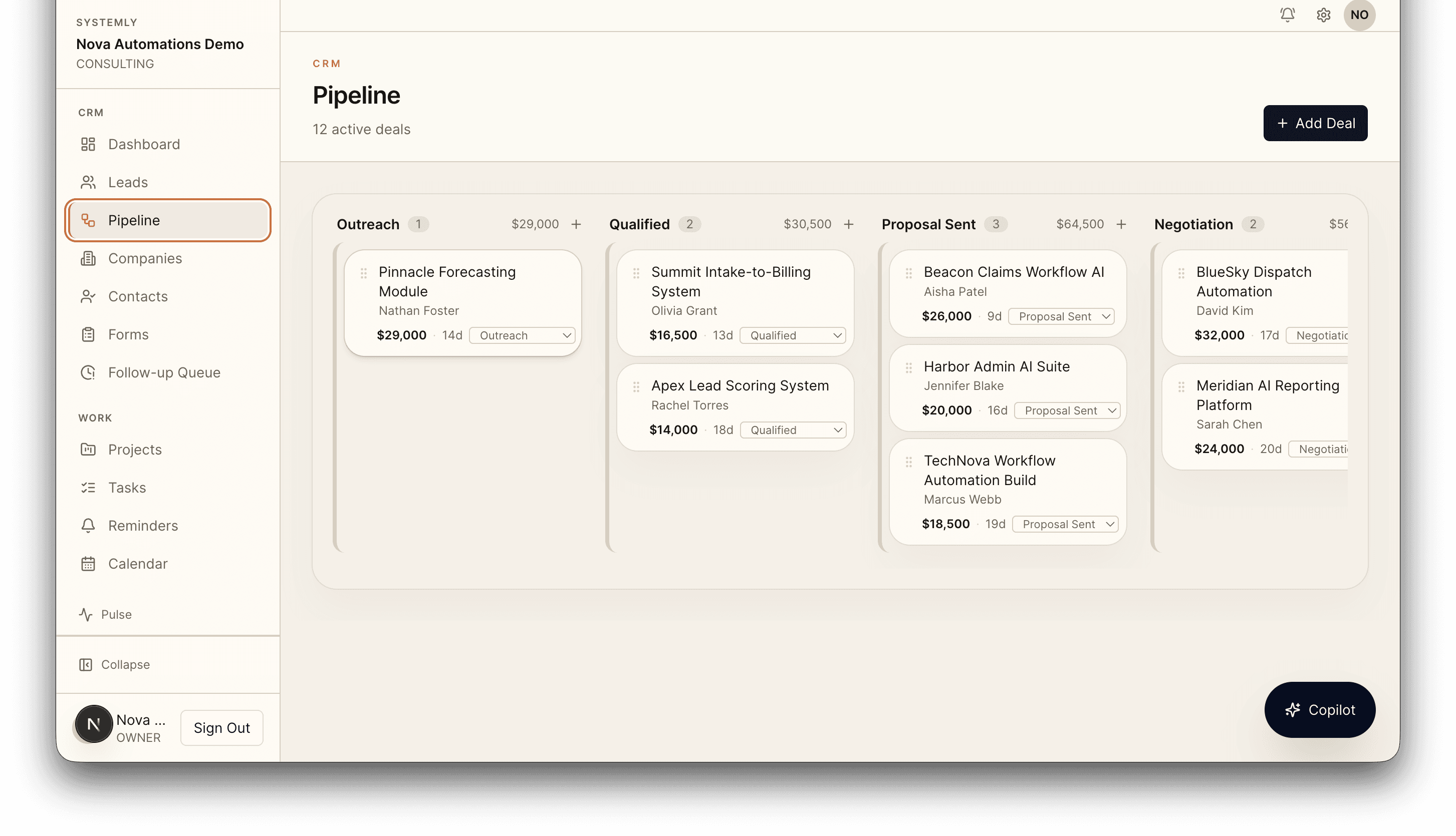 Systemly CRM pipeline view